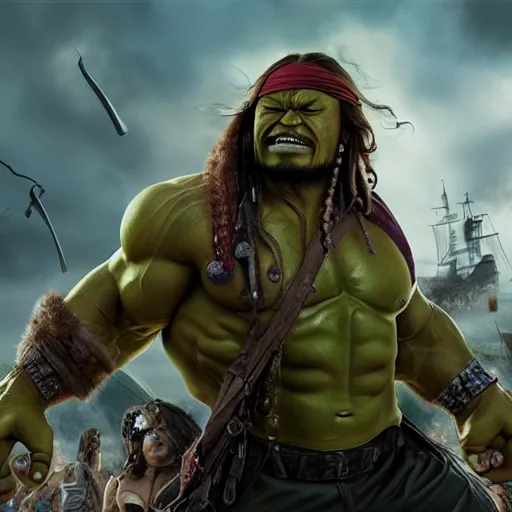 Image similar to hulk starring as jack sparrow. full body. oil on canvas. intricate. 8 k. highly professionally detailed. hdr. cgsociety