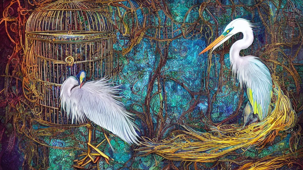 Prompt: a heron ( sleeping woman ) ( ( bird cage ) ), highly detailed, artistic composition, sharp focus, intricate concept art, digital painting, colorful flat surreal design, dramatic lighting