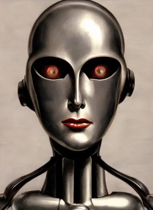 Image similar to beautiful female robot from film metropolis, portrait by gerald brom, colorul, extreme detail, reflections, trending on artstation, 8 k