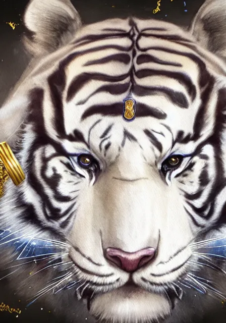 Image similar to furry art, watercolor of a white tiger king with gold crown and blue king suit, concept art, portrait, super detailed, 4 k hd, trending on artstation, deviantart, octane render, cry engine, unreal engine 8 k, cycles x, digital painted, low contrast, made by greg rutkowski and viktoria gavrilenko