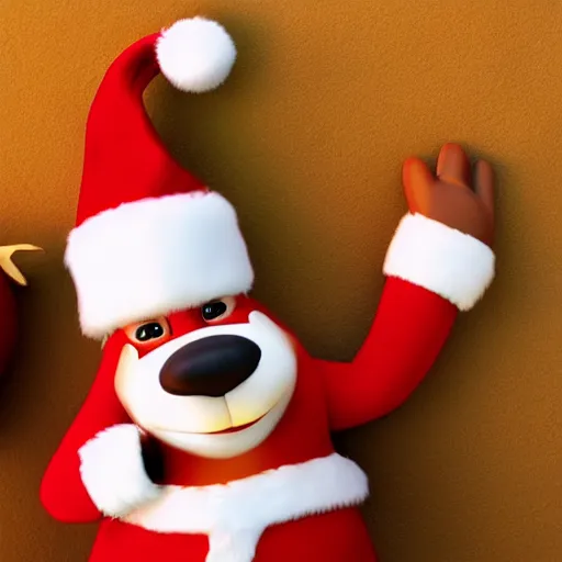 Image similar to fox, looking happy, wearing a santa hat, slightly chubby, detailed, 3d render, 4k, pixar