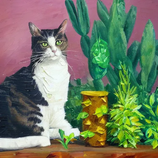 Prompt: palette knife oil painting of a cat surrounded by plants