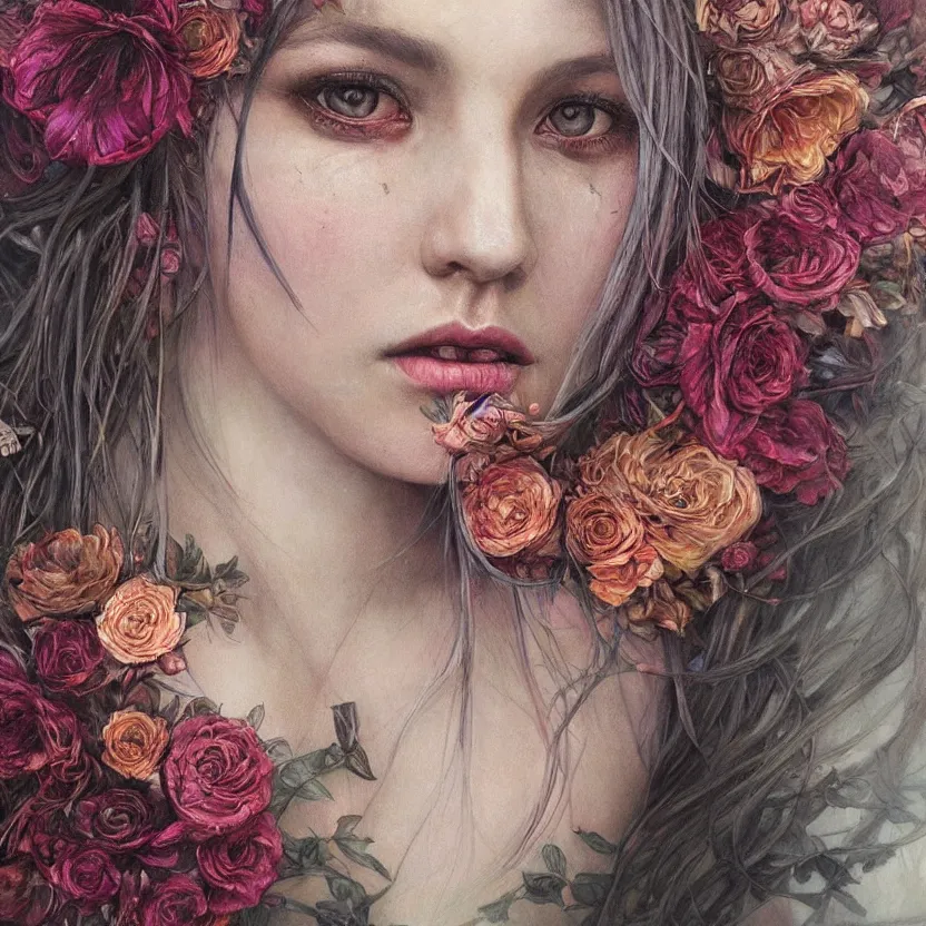 Prompt: close up portrait painting of an alternative artistic bohemian female, concept art, intricate details, aesthetically pleasing colors, art by marco mazzoni, impressionism, portrait, detailed, dark, flowers