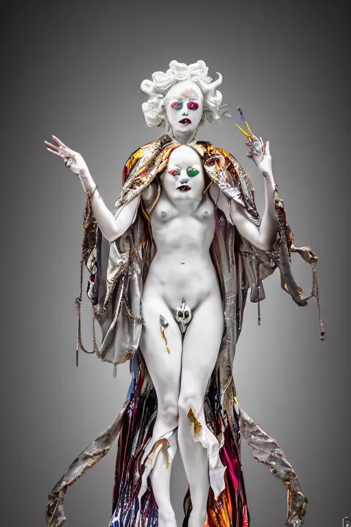 Image similar to white porcelain statue of wired matte sacred queen, sculpture with metallic polished intricated surface, dressed with a colorful torn silk cloak and chrome ornaments, made by antonio corradini, and dug stanat macabre art, dark surrealism, epic and cinematic view, volummetric light, texturized, detailed, freak circus, high graphics 8 k