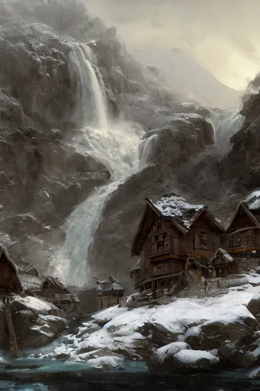 Prompt: mountain village with wooden viking houses on top of a waterfall in the snow, blizzard, a small stream runs beneath the waterfall, iceicles, landscape, raphael lacoste, eddie mendoza, alex ross, concept art, matte painting, highly detailed, rule of thirds, dynamic lighting, cinematic, detailed, denoised, centerd