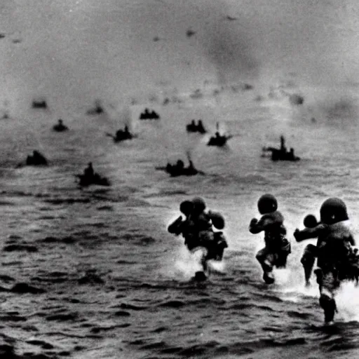 Image similar to the running soldiers in the sea in the d - day, by robert capa,