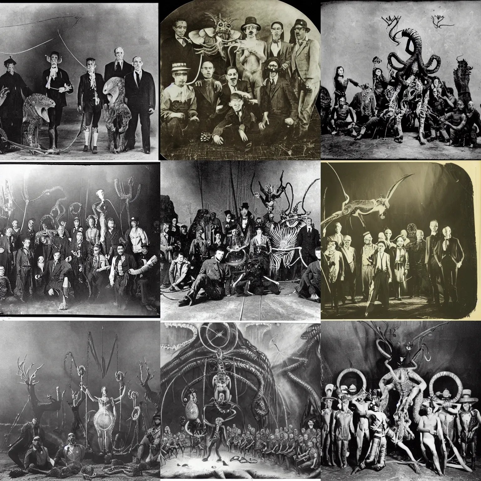 Prompt: historic photo, epic image of a Lovecraft circus with otherworldly beasts
