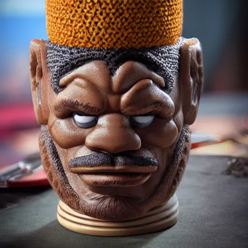 Prompt: a photorealistic photograph of a knitted Trader Vic's Tiki Mug featuring Mike Tyson at bar Trending on Artstation, featured on Behance, well-rendered, Unreal Engine, 4K HD