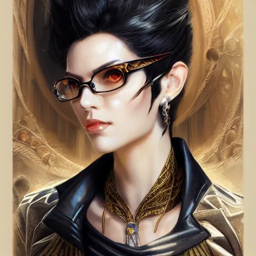 Image similar to a portrait of bayonetta, upper half portrait, urban motifs, intricate, elegant, highly detailed, digital painting, trending on artstation, concept art, smooth sharp focus, illustration, art by artgerm and greg rutkowski