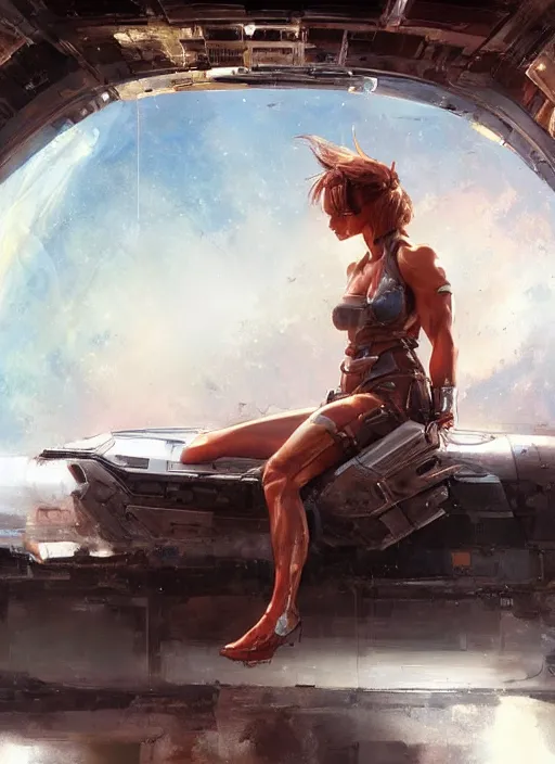 Prompt: a muscular woman sitting in a rusty old spaceship, wearing a skirt, expressive oil painting, by artgerm, by greg rutkowski, highly detailed, vivid colors, detailed body