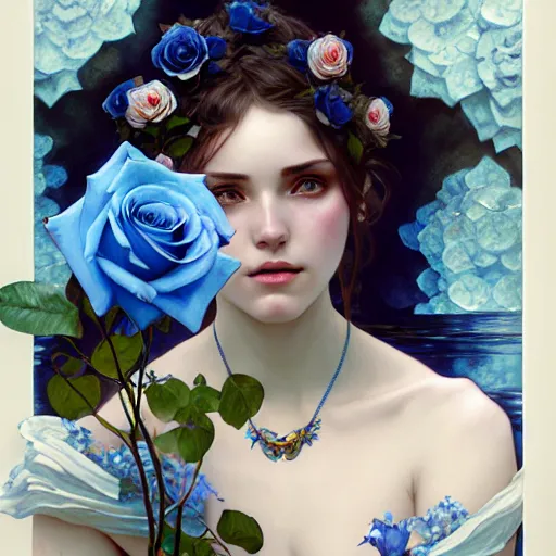 Image similar to A young woman holding two blue roses behind a waterfall, face, fantasy, intricate, elegant, highly detailed, digital painting, artstation, concept art, smooth, sharp focus, illustration, art by Krenz Cushart and Artem Demura and alphonse mucha