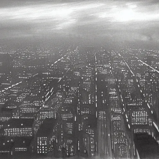 Image similar to photorealistc painting of a nightmarish boston downtown skyline in 1 9 2 5 at night, aerial view, dark, brooding, night, atmospheric, horror, cosmic, ultra - realistic, smooth, highly detailed