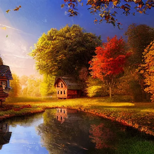 Image similar to a village full of tree houses nestled in a forest, chimneys with puffs of smoke, tall trees, thatched roofs, fresh streams running through, golden hour, autumn leaves, realistic high quality art digital art