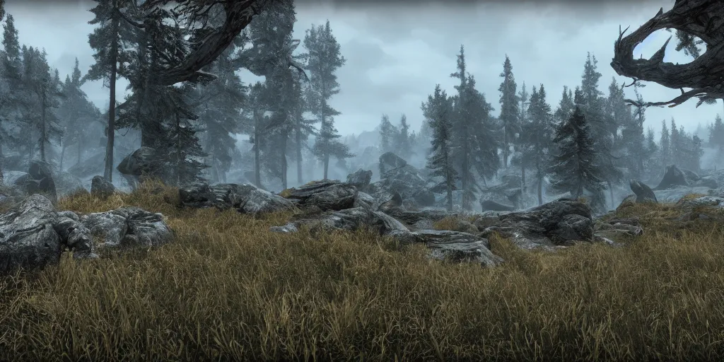 Prompt: a landscape of skyrim, unreal engine 5, photorealism