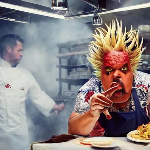 Image similar to guy fieri, mixed with an eldritch horror monster, with tentacles, in a restaurant kitchen, film still from the movie directed by denis villeneuve with art direction by salvador dali