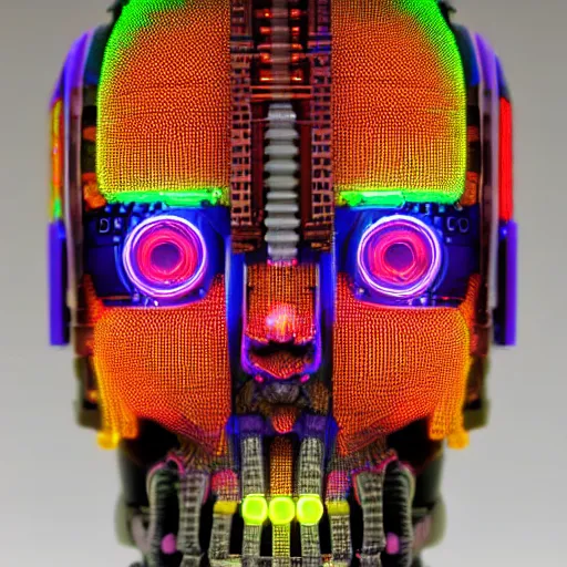 Prompt: a glossy claymodel of a cyberpunk aztec futuristic robot head, top of the head is made of gears and multicolored glowing tubes, eyes are multicolored lamps, 8 k, front shot, symetrical, flourescent colors, halluzinogenic, multicolored, insanely detailed, 3 d render, octane
