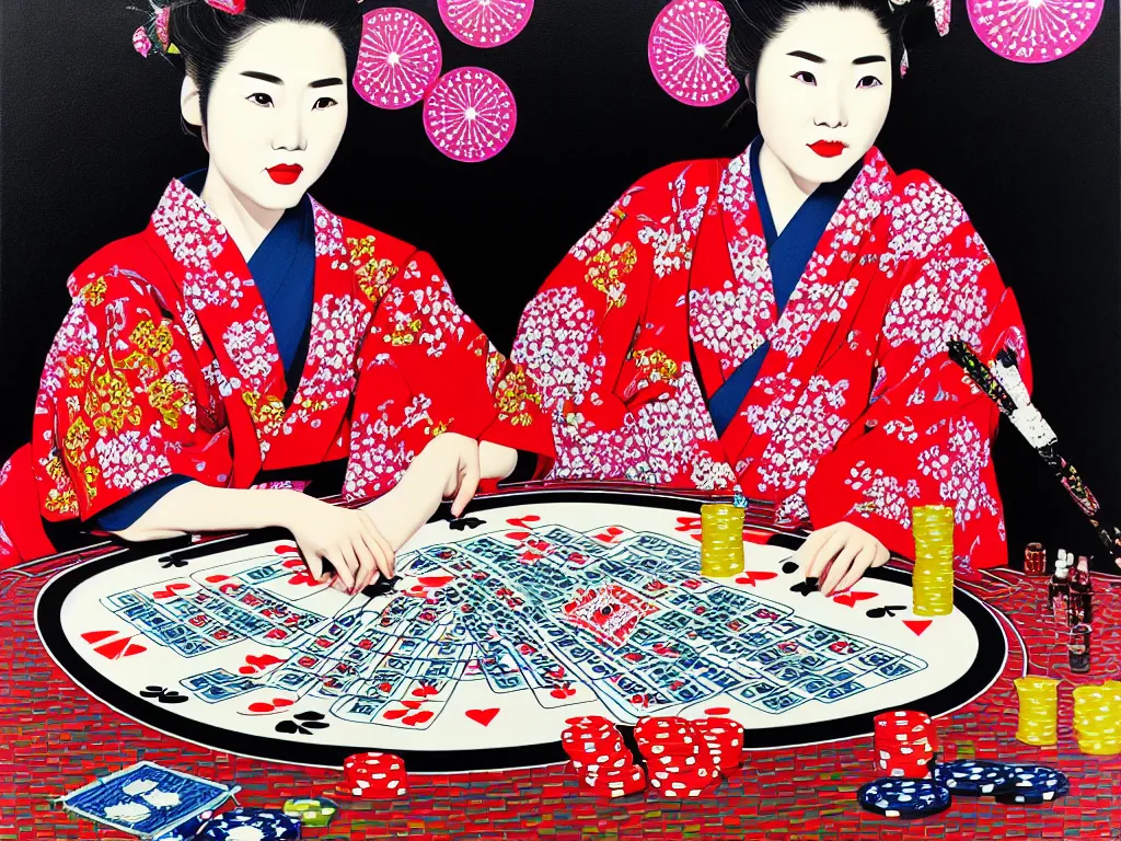 Image similar to hyperrealism composition of the detailed woman in a japanese kimono sitting at an extremely detailed poker table with darth vader, fireworks and folding screen on the background, pop - art style, jacky tsai style, andy warhol style, acrylic on canvas