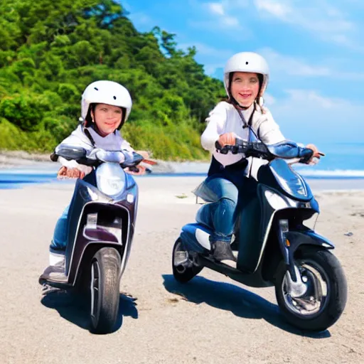 Prompt: very detailed stockphoto of two! little girls wearing a grey school uniform riding a scooter along the beach road
