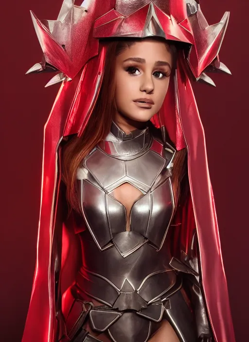 Prompt: Ariana Grande wearing metal and leather fantasy battle armor with a red cloak by Ilya Kushvikov, symmetrical face concept art, octane render unreal engine meta humans, artstation