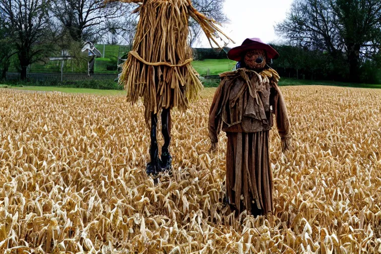 Image similar to horrifying scarecrow from the early 1 9 0 0's in the cornfields