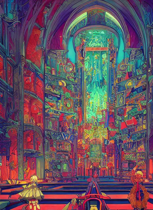 Image similar to the church of anime, an ultrafine detailed illustration by james jean, intricate linework, bright colors, final fantasy, behance contest winner, vanitas, angular, altermodern, unreal engine 5 highly rendered, global illumination, radiant light, detailed and intricate environment