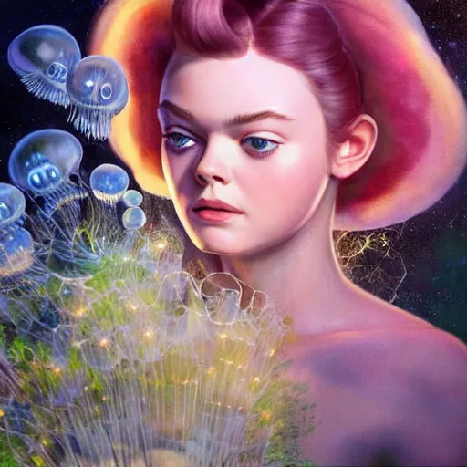 Image similar to ultra realistic portrait painting of elle fanning in prey surrounded by bioluminescent jellyfish, art by frank frazetta, 4 k, ultra realistic, highly detailed, epic lighting