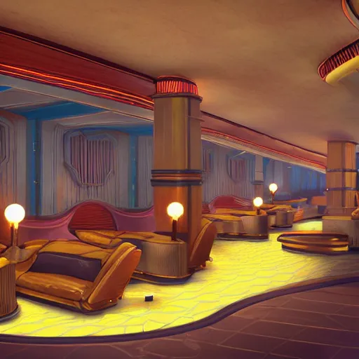 Image similar to beautiful Peter Mohrbach and tyler edlin highly detailed illustration of an underwater art deco lounge. bioshock, rapture, trending on artstation