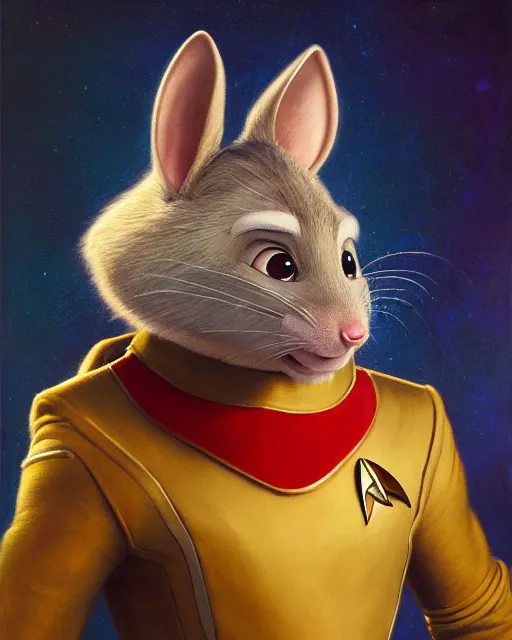 Image similar to painting of anthromorphic male rat in starfleet uniform, star trek, zootopia, fursona, furaffinity, 4 k, deviantart, furry art, very expressive detailed face, gaston bussiere, craig mullins, jc leyendecker, gustav klimt, artgerm, greg rutkowski, alphonse mucha