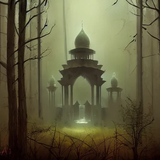 Prompt: abandoned Islamic temple in the woods, dark, moody, foggy by Ian McQue and Andreas Rocha