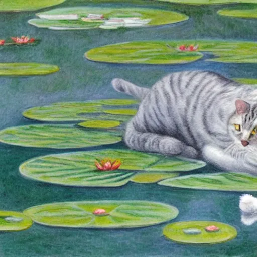 Image similar to a white and grey tabby cat stretching on a lilypad floating on a lake, in the style of water lilies painting by monet