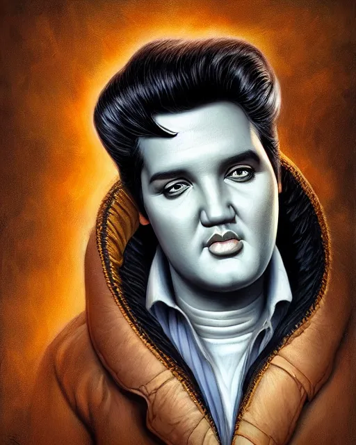 Image similar to Portrait of Elvis Presley Funny cartoonish by Gediminas Pranckevicius H 704 and Tomasz Alen Kopera, masterpiece, trending on artstation