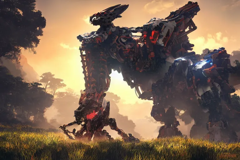 Image similar to ravager machine mecha animal beast robot of horizon forbidden west horizon zero dawn bioluminiscence global illumination ray tracing hdr fanart arstation by sung choi and eric pfeiffer and gabriel garza and casper konefal