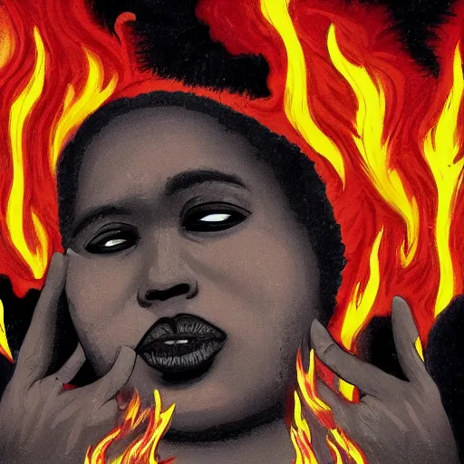 Prompt: black woman surrounded by a lake of fire