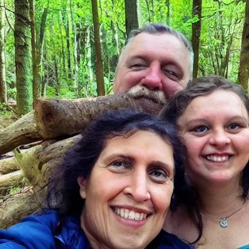 Image similar to a selfie by a neanderthal woman and her family in a forest