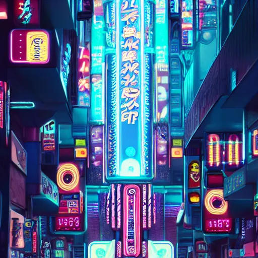Image similar to Sentient pachinko machine on the streets of Neon Tokyo, octane render, volumetric lighting, sharp focus, oil on canvas, night time, 4k