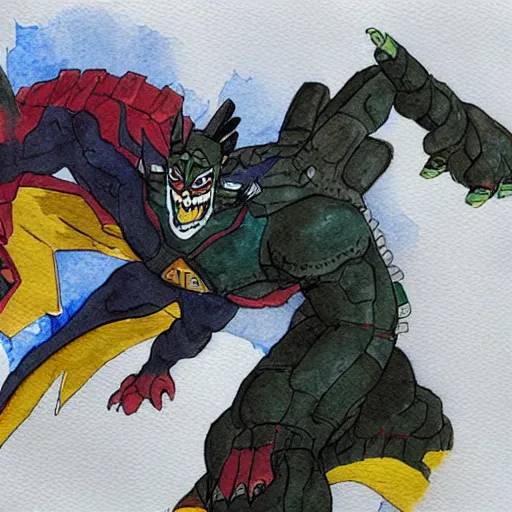 Image similar to voltron fighting Godzilla, watercolor painting