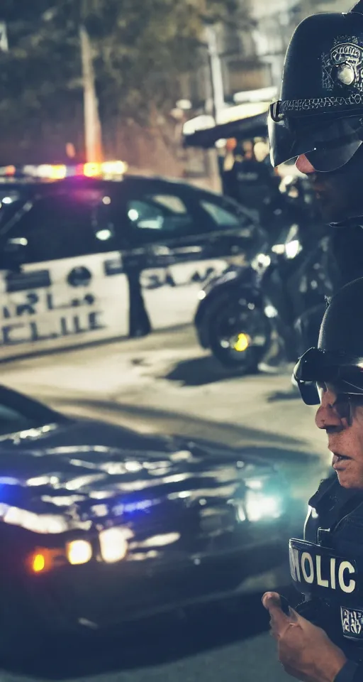 Image similar to man getting arrested by police, police car in background with bright police sirens, lens glare, dramatic lighting, cinematic, establishing shot, extremely high detail, photo - realistic, cinematic lighting