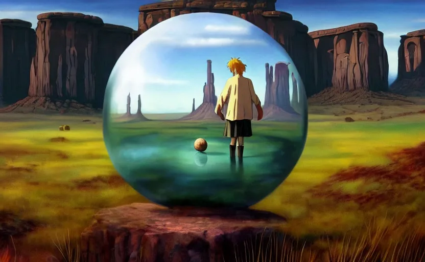 Image similar to a scary hyperrealist painting of a tribal elder in a giant transparent forcefield crystal ball from howl's moving castle ( 2 0 0 4 ) in a flooded monument valley stonehenge jungle. depth perception, 4 k, artstation, in the style of studio ghibli