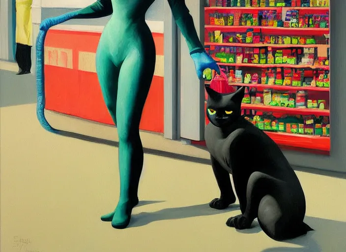 Prompt: !dream catwoman in line at a grocery store painting by Edward Hopper and James Gilleard, Zdzislaw Beksinski highly detailed