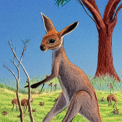 Image similar to detailed illustration, a young kangaroo in the boranup forest in the style of may gibbs,