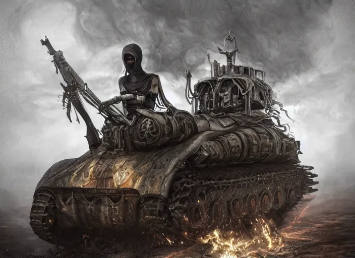 Image similar to beautiful apocalyptic woman in hooded cloak, standing on mad max panzer tank, hyper-detailed, smooth, sharp focus, 4k ultra hd, fantasy dark art, tank girl, artgerm, artstation, octane render, elegant, detailed digital painting, apocalyptic art, Francis bacon, unreal engine