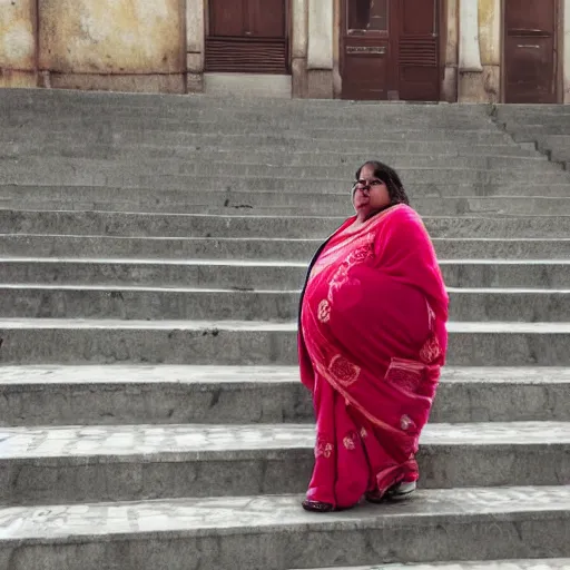 Image similar to an obese indian woman in a wheelchair on steps in Porto, detailed photo