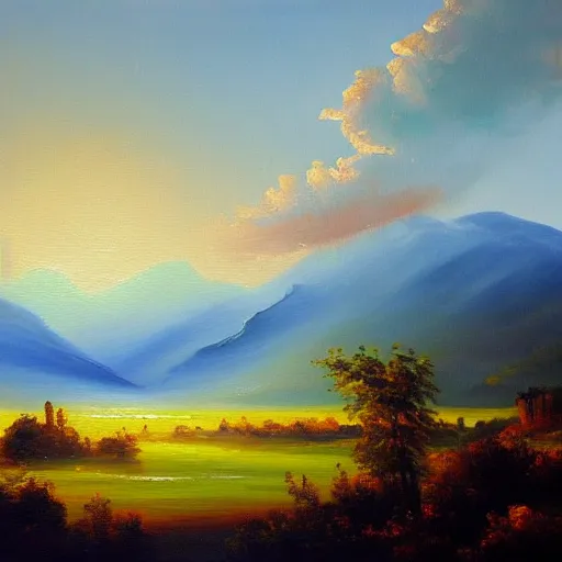 Prompt: an oil painting of the joys of the morning, amazing landscape