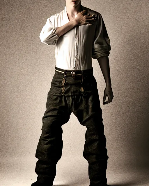 Prompt: an award - winning photo of a ominous male model wearing a boot cut flared distressed medieval designer menswear trousers designed by kapital, 4 k, studio lighting, wide angle lens, 2 0 0 4