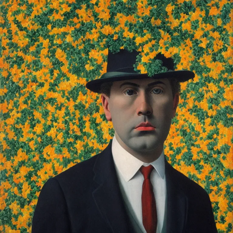 Image similar to portrait of man in a suit, his head is made out of flowers, by rene magritte, detailed painting, hd, hq, high resolution, high detail, 4 k, 8 k