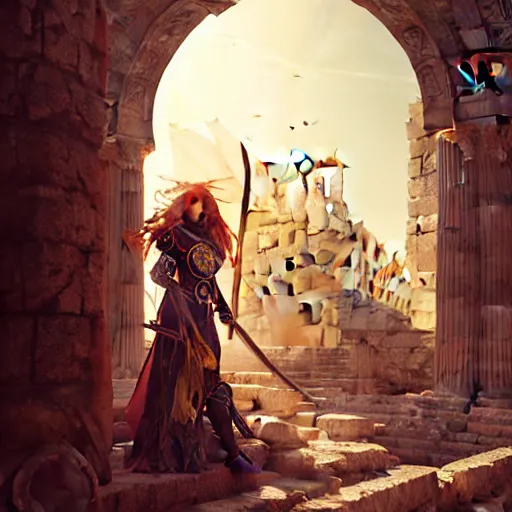 Prompt: An illustrationof a portrait of a Knights of Zodiac girl, wings, fighting at ancinet Agora of Athens, ruins, Golden Light, illustration, art by WLOP, NIXEU and greg rutkowski, volumetric light, lightrays, smoke, cinematic, intricate, hypermaximalist, super detailed