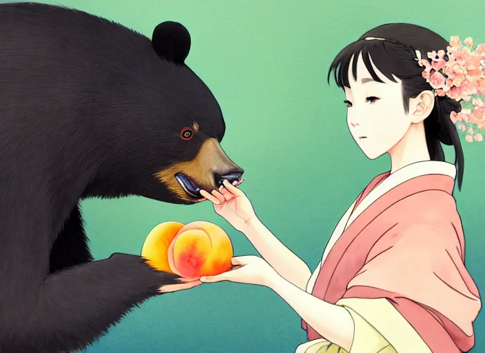 Image similar to water color painting of a girl wearing a kimono giving a peach to a large anthropomorphic asian black bear, featured in artstation, artgerm, octane render, award winning, cinematic, elegant, intricate, 8 k, close up, in the style of studio ghibli and heikala and alphonse mucha,