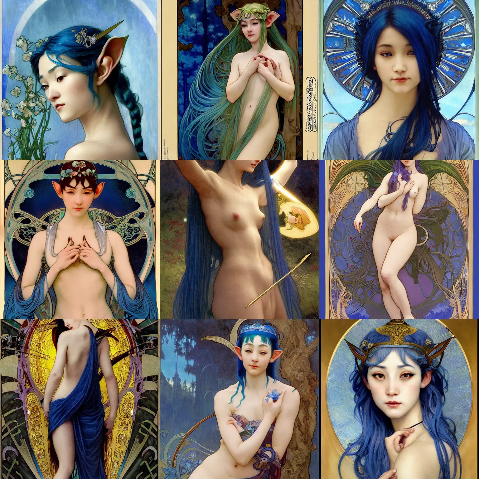 Prompt: stunning, breathtaking, awe-inspiring award-winning concept art nouveau painting of attractive Asian elf nymph with blue hair and pointy elf ears, as the goddess of the sun, with anxious, piercing eyes, by Alphonse Mucha, Michael Whelan, William Adolphe Bouguereau, John Williams Waterhouse, and Donato Giancola, cyberpunk, extremely moody lighting, glowing light and shadow, atmospheric, cinematic, 8K