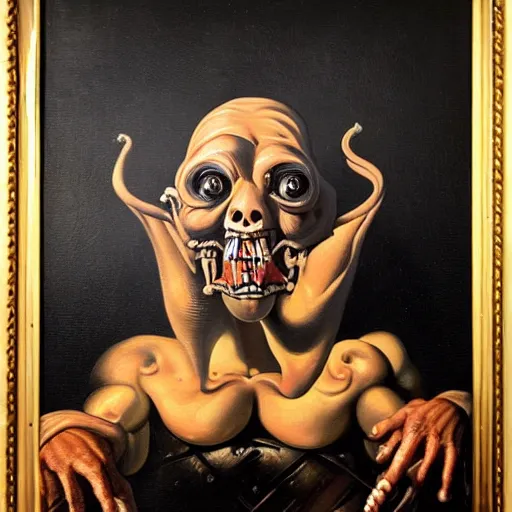 Image similar to oil painting with black background by christian rex van dali todd schorr of a chiaroscuro portrait of an extremely bizarre disturbing mutated man with acne intense chiaroscuro obscuring features lighting perfect composition masterpiece