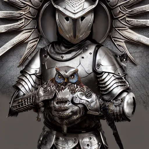 Prompt: warrior with metal owl armour, highly detailed, 4k, HDR, smooth, sharp focus, hyper realistic, high resolution, award-winning photo